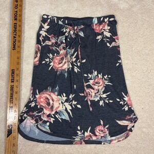 Tickled Teal Floral Mini Skirt Gray Pink Rose Drawstring Dolphin Hem Size Medium